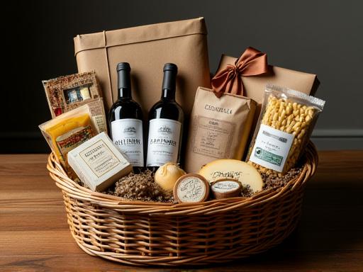 Cesto gourmet con vino, formaggio e altri prodotti italiani, pronto per la spedizione.